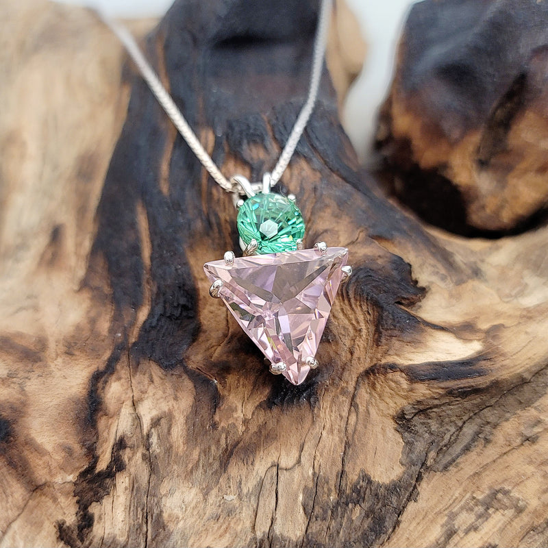 JF Pink Garnet (YAG) Angelic Star™, Tibetan Green Obsidian: SS Pendant & Chain