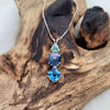 JF Tibetan Green Obsidian + Aqua Aura Super Nova™ + Tibetan Blue Obsidian Mini Magician™: SS Pendant & Chain